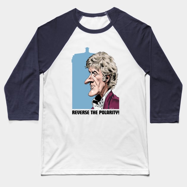 Third Doctor and Tardis Baseball T-Shirt by RichardFarrell